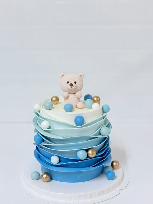藍色漸層熊仔蛋糕/Blue ruffle with bear 🐻 （適合做性別揭曉）